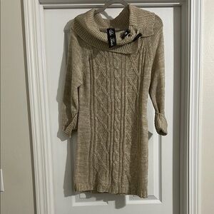 Tan Mini Cable Knit Dress with Cowl Neck